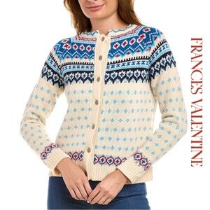 Frances Valentine Cream and Blue Wool Sweater. Size L.